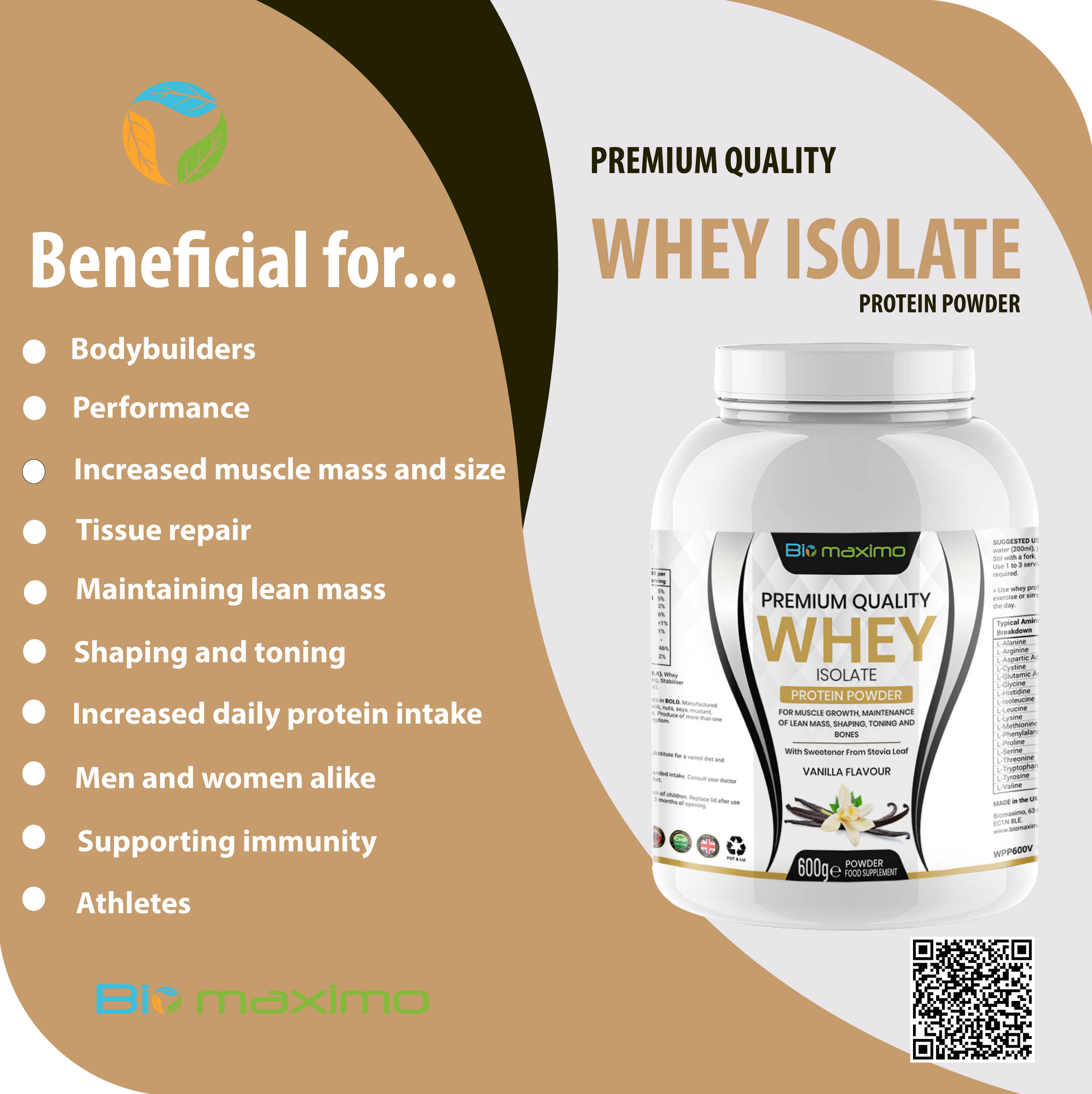 Biomaximo Premium Quality Whey Isolate Protein Powder - Vanilla Flavour