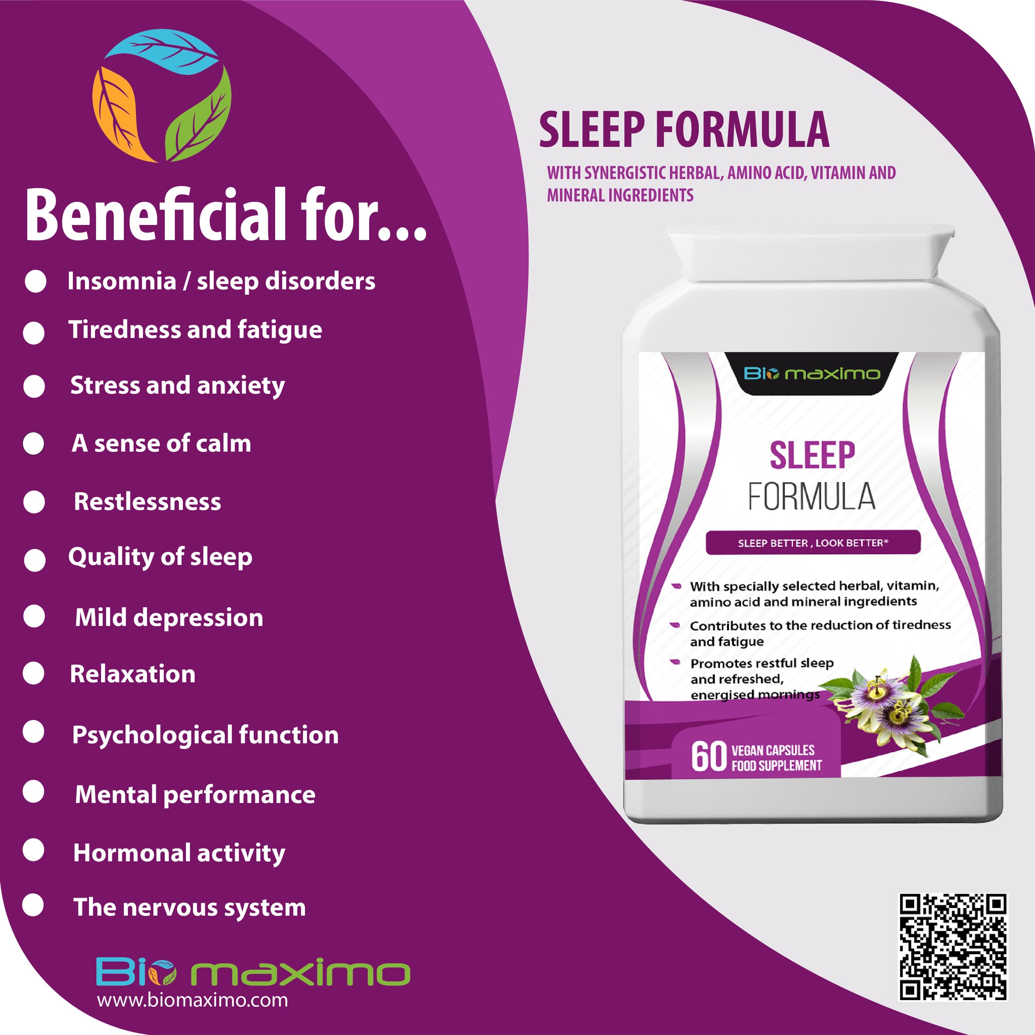 Biomaximo Sleep Formula with Magnesium, L-Tryptophan, Chamomile & Lemon Balm
