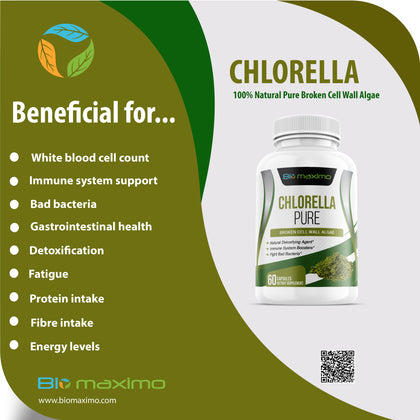 Biomaximo Clorella 100 % natural, algas puras de pared celular rota